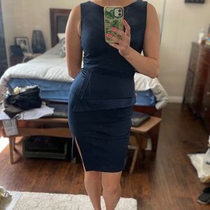 XS BARIII Navy Midi Peplum Dress with Side slit